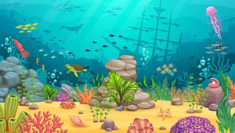 Shipwreck Drawing, Under The Sea Cartoon, Cartoon Underwater, Sea Cartoon, Underwater Shipwreck, Underwater Cartoon, Underwater Landscape, Sail Ship, Ocean Plants