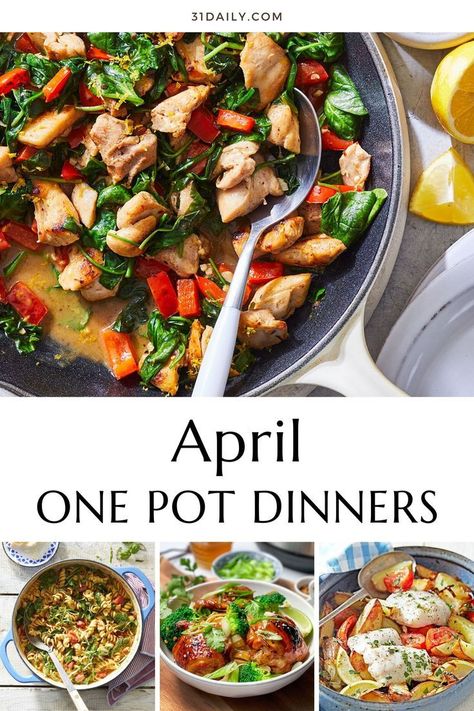 These Spring One Pot Dinners are perfect for the last week of April. They’re simple, healthy, weeknight dinners with easy cleanup– and ready in 30 minutes or less. April Dinners, Healthy Easy Weeknight Dinners, Plain Pasta, One Pot Skillet Meals, Recipes Gluten Free Dinner, Dinner Recipes Gluten Free, Salty Marshmallow, Real Food Dinner, Quick Chicken Dinner