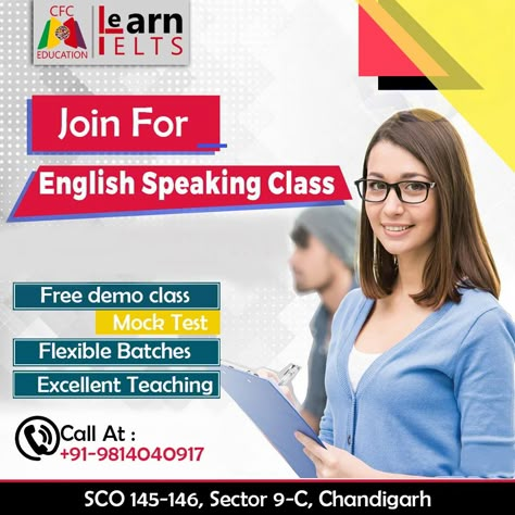 Spoken English and Personality Development classes under best faculty of the region. #bestspokenenglishcoachinginchandigarh #Australia #Canada #NewZealand #USA #Germany #Poland #Singapore #learnenglish #spoken_english #StudentVisa  #Overseas_Education To know more Contact us :  9814040917 info.cfceducation@gmail.com SCO 145-146 sector 9-C, Madhya Marg Chandigarh. Class Poster Design, English Talking, Spoken English Course, Ielts Test, Ielts Coaching, English Posters, Ielts Reading, English Language Course, Education Poster Design