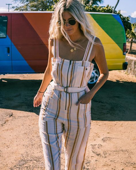 Light The Night Jumpsuit 828570325299 | Billabong Billabong Outfits, Night Jumpsuit, Salty Blonde, Boho Inspo, Summer Fashions, Linen Jumpsuit, White Caps, Beach Casual, Striped Jumpsuit