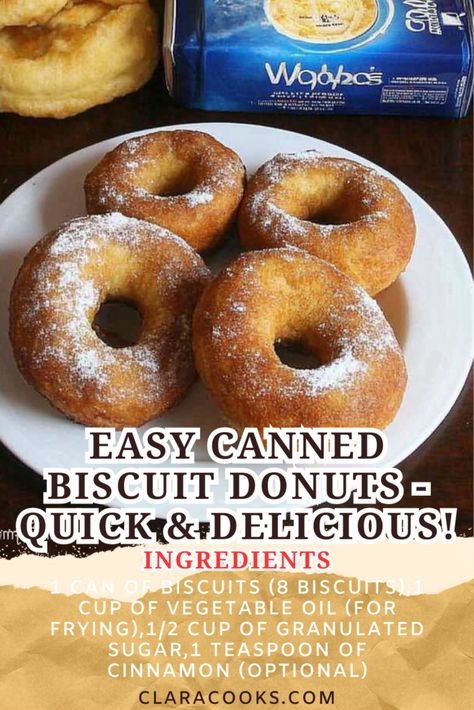 Easy Canned Biscuit Donuts - Quick & Delicious! Home Made Donuts Recipe Canned Biscuits, Easy Homemade Donuts Recipe Simple, Doughnut Recipe Easy Biscuit, Easy Desserts With Canned Biscuits, Can Biscuit Donuts Easy Recipes, Homemade Donuts Recipe Easy Quick, Easy Donuts Recipe Canned Biscuits, Canned Biscuit Donut Recipes, Quick Donuts