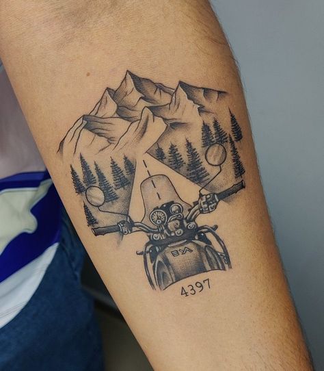 Himalayan Tattoo, Moutain Tattoos, Travel Tattoo Ideas, Bike Tattoo, Wing Tattoo Men, Royal Enfield Himalayan, Hippie Tattoo, Nostalgic 90s, Becoming A Tattoo Artist