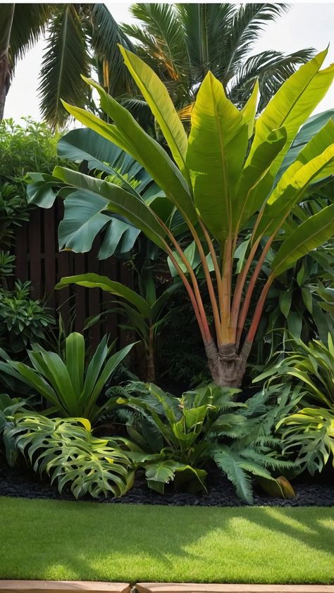 Your Guide to Paradise: 13 Tropical Landscape Design Ideas You’ll Love - Cheerful Talks Tropical Landscape Ideas, Front Yard Entrance, Minimalist Bench, Traditional Landscaping, Front Yard Design Ideas, Yard Entrance, Lush Backyard, Garden Home Ideas, Gravel Pathway