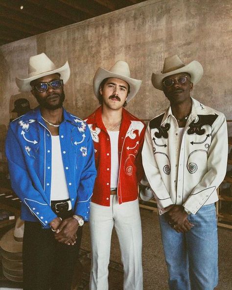 Leemon on Instagram: "Suave suave always with @thebrosfresh wearing custom fitted vintage H Bar C’s. Not a shirt, not a jacket, a shacket perhaps. Sits at the waist, inspired after a bolero jacket. #shopleemon" Rhinestone Cowboy Outfit Men, Yallternative Outfit Men, Southern Outfits Men, Shirt Around Waist Outfit, Men Cowboy Outfits, Mens Western Outfits, Country Outfits For Men, Cowboy Outfit Men, Shirt Around Waist