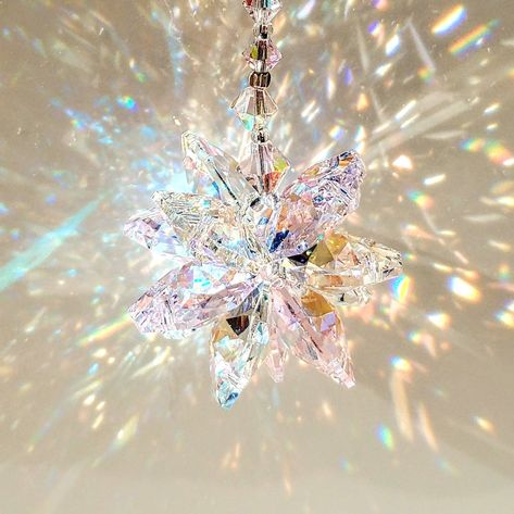 Swarovski Suncatcher Starburst Star Suncatcher for Windows or Car Charm Sun Catcher Crystal Cluster Swarovski Rainbow Maker AB Crystal Prism * * * All of the sparkle you can see on the pictures comes from this suncatcher, there is no artificial sparkle added, only natural sunlight give such a beautiful reflections and rainbows! * * * Pictures are enlarged to show details, please follow the description below for product details and sizing. Please let me introduce you to this pink lady. This piece Star Suncatcher, Beaded Ornament Covers, Rainbow Maker, Crystal Suncatchers, Pink Lady, Crystal Prisms, Rainbow Crystal, Crystal Stars, Czech Crystal