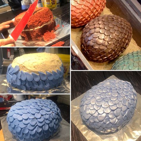 Egg shaped cake covered with buttercream and then blue rollout icing cut into lots of individual teardrop shaped scales which are overlapped and layered to make scales on the outside of the cake. The icing is sprayed with an edible spray to make it silvery and shimmery. Dragon Cupcakes Easy, Easy Dragon Cake, Game Of Thrones Cake Ideas, Wings Of Fire Cake, Dragon Egg Cake, Dragon Cake Ideas, Egg Pinata, Viking Feast, Dnd Birthday