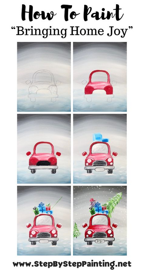 Christmas Car Painting - "Bringing Home Joy" - Acrylic Tutorial Easy Paint Christmas, Cute Christmas Paintings Easy Simple, Christmas Paintings Kids, Christmas Paintings Santa, Christmas Things To Paint, Step By Step Painting Christmas, Christmas Canvas Paintings Easy, Christmas Art Easy, Step By Step Christmas Painting