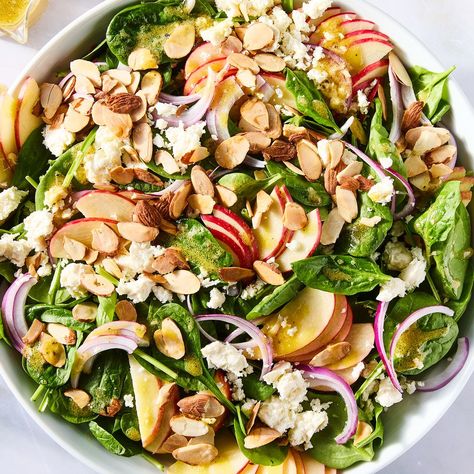 Spinach Salad Spinach Almond Salad, Spinach And Apple Salad, Spinach Apple Salad Recipes, Spinach Salad With Apples And Pecans, Spinach Apple Walnut Salad, Spinach Feta Salad, Simple Spinach Salad, Easy Cheap Dinners, Spinach Salad Recipes