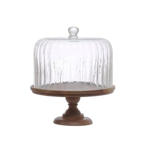 Acacia Wood Pedestal with Fluted Glass Cloche - 12.0"L x 12.0"W x 13.1"H - Bed Bath & Beyond - 39176735 Wood Cake Stand, Wood Cake, Fluted Glass, Pedestal Cake Stand, Dessert Stand, Glass Cloche, Glass Cake Stand, Wood Pedestal, Glass Cakes