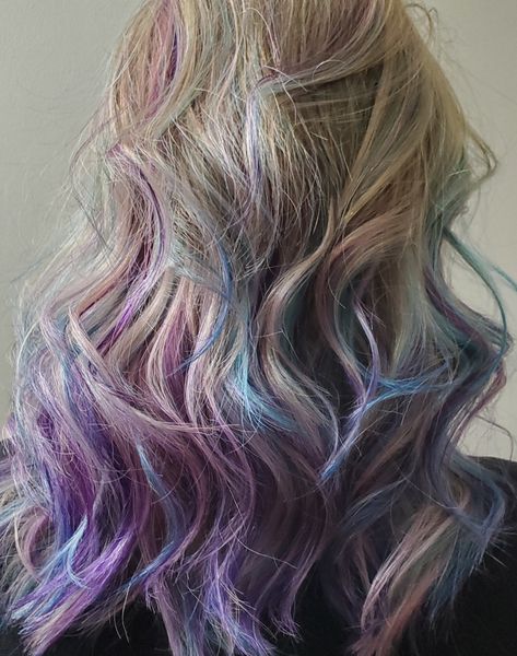 Purple And Blue Streaks In Blonde Hair, Purple Highlights Blonde Hair, Blue Tips Hair, Purple Streaks, Purple Highlights, Blue Tips, Blonde Hair With Highlights, Fall Hair Color, Fall Hair Colors