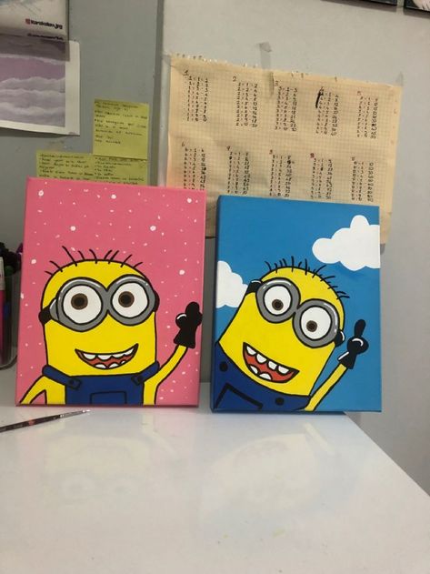 Mini Paintings Cartoons, Minion Painting Easy, Minion Canvas Paintings, Minion Painting On Canvas, Minions Drawing, Minion Painting, Minion Drawing, Minion Art, Cute Easy Paintings