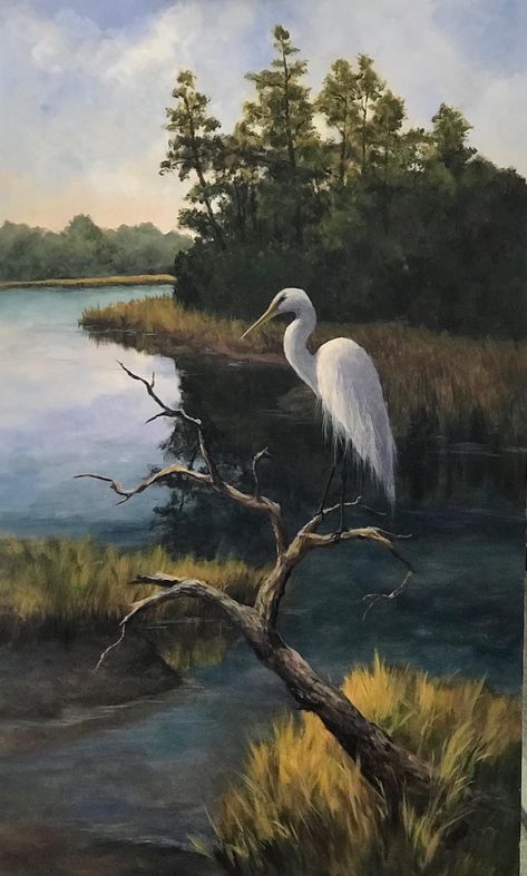 Landscapes With Animals, Bird In Water Painting, Swamp Painting, Beautiful Paintings Of Nature, Bird Painting Acrylic, Business To Business, Most Beautiful Paintings, Heron Art, Expressing Love