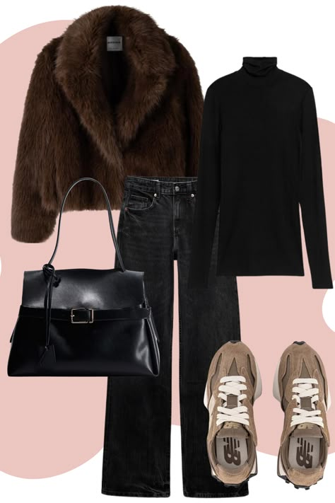 A cozy November fit   Outfit details- Coat: Bershka "Faux fur jacket with lapel collar" Top: Arket "Roll-Neck Wool Top" Jeans: Zara "TRF WIDE-LEG MID-WAIST JEANS" Bag: H&M "Strap-detail handbag" Shoes: New Balance "327 Trainers"  Follow @styledbyxan for more fashion inspo ✨  #autumnoutfits #fashion #fallfashion #outfit #ootd #styleinspiration #furjacket How To Style Brown Fur Jacket, Marc Jacobs Bag Outfit, Brown Fur Jacket Outfit, H&m Outfits, Fur Bag Outfit, Fur Coat Outfit Casual, Brown Leather Pants Outfit, Waist Bag Outfit, Zara Fits