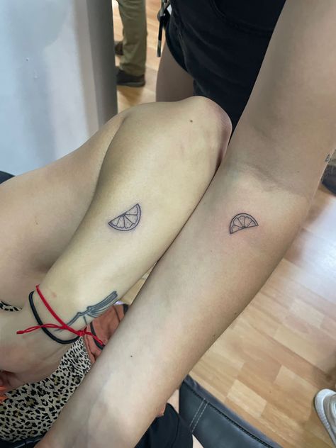 Matching Tequila Tattoos, Lemon And Lime Matching Tattoos, Matching Orange Tattoos, Lime Tattoo Ideas, Simple Orange Slice Tattoo, Lemon And Lime Tattoo, Matching Fruit Tattoos, Lime Tattoo Minimalist, Orange Tattoo Fruit Minimal