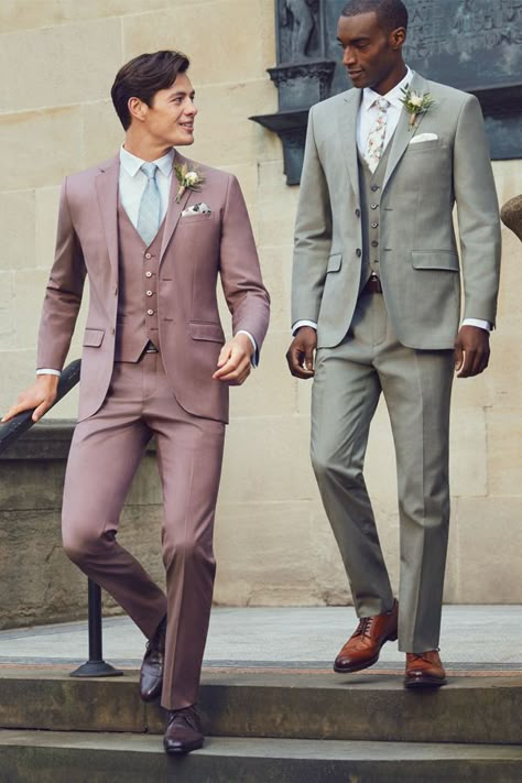 DOUBLE ACT: Mix cool grey with pastels for a contemporary procession Pastel Suit, Suit And Tie Men, Aesthetic Guy Outfits, Groom Colours, Blue Slim Fit Suit, Lehenga Designs Simple, Wedding Suits Groom, Tie Men, Suit Men