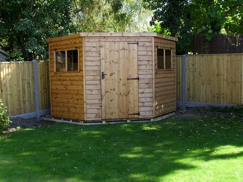 L Shape Shed Ideas, Corner Shed, Corner Garden Shed, L Shape Garden Room, Corner Summerhouse Interiors Ideas, Small Corner Summer House, Sheds Ideas Backyard, Wood Shutters Exterior, Corner Sheds