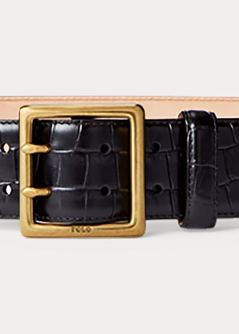 Crocodile-Stamped Leather Belt | Ralph Lauren UK Ralph Lauren Shop, Gold Belts, Welcome To The World, Ralph Lauren Home, Signature Logo, Winter Sale, To The World, Leather Belt, Polo Ralph