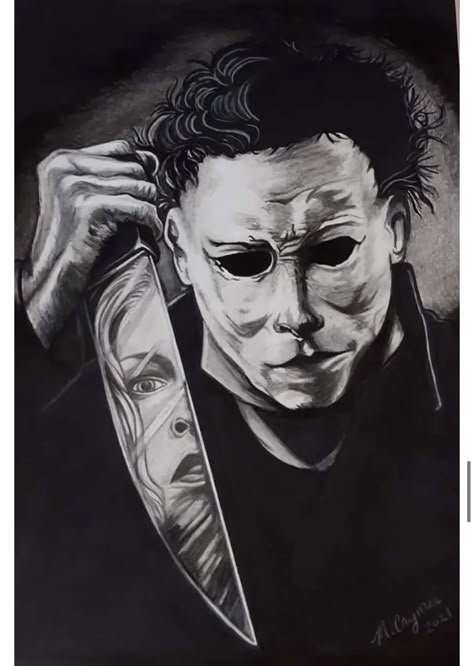 Michael Myers With Knife, Michael Myers Drawing Pencil, Leather Face Drawing, Michael Myers Sketch, Butcher Tattoo, Michael Myers Drawing, Horror Leg Sleeve, Michael Myers Tattoo, Michael Meyers Halloween