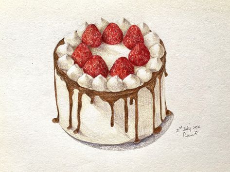 Used colour pencils for this illustration. Cake Drawing Color Pencil, Strawberry Birthday Cake, Short Cake, Cake Drawing, Colorful Cakes, School Project, Color Pencil Art, Color Pencil Drawing, Food Drawing