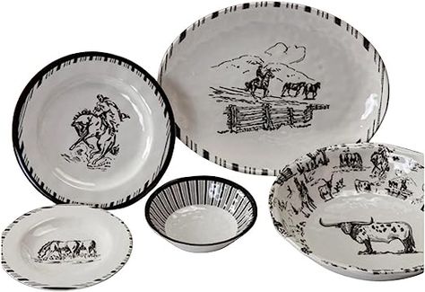 Desert Wildlife, Western Dinnerware, Grazing Cow, Breakfast Table Setting, Western Kitchen, Melamine Dinnerware Sets, Outdoor Dinnerware, American Frontier, Western Rustic