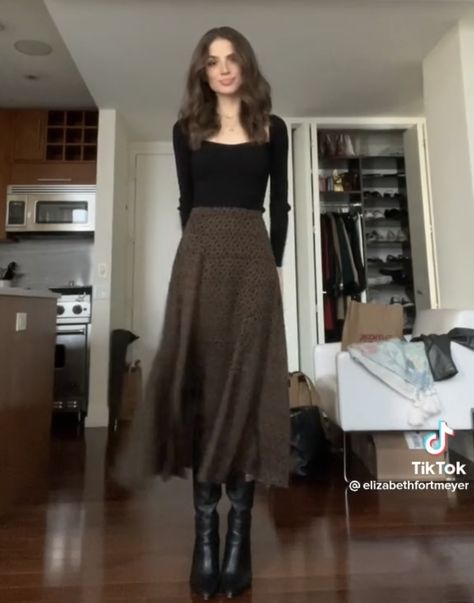 Skirt And Tall Boots Outfit Winter, Dark Academia Inspo Outfit, Anathema Device Outfit, Elegant Artsy Outfit, Dark Brown Aesthetic Outfit, Architects Outfit Female, Smart Casual Work Outfit Petite, Dark Business Casual Outfits, Long Skirt Christmas Outfits