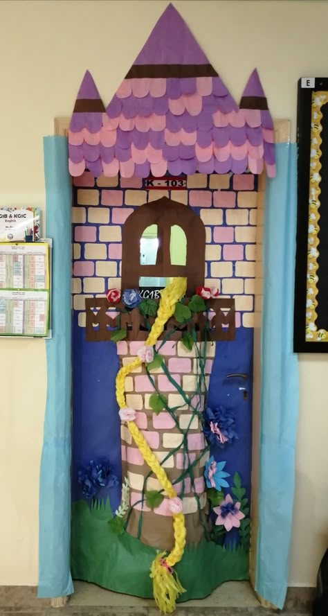 Fairytale Castle Decorations, Fairytale Theme Classroom Door, Fairytale Library Display, Princess Classroom Theme, Fairy Tale School Theme, Fairy Tale Door Decorations, Fairytale Door Decoration, Tangled Classroom Door, Rapunzel Door Decoration