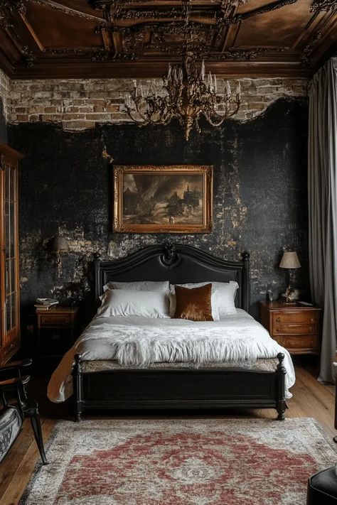 35 Inspiring Vintage Bedroom Ideas to Refresh Your Room Dark Academia Bedroom Decor, Dark Romantic Bedroom, Dark Bedroom Aesthetic, Gothic Bedroom, Earthy Bedroom, Moody Bedroom, Feminine Bedroom, Dark Bedroom, Bedroom Wall Colors