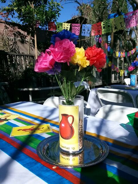 Loteria themed centerpiece xxv Loteria Party Ideas Decoration Mexican Fiesta, Mexican Party Centerpiece Ideas Diy, Loteria Party Centerpieces, Mexican Theme Party Decorations Centerpieces, Loteria Theme Party Centerpieces, Diy Loteria Party Decorations, Mexican Birthday Centerpieces, Fiesta Theme Centerpieces Diy, Loteria Bridal Shower Ideas