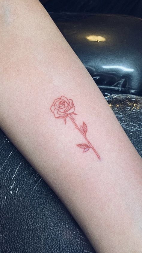 All Red Rose Tattoo, Red Ink Rose Tattoo Outline, Red Outline Rose Tattoo, Rose Tattoo Red Ink, Aesthetic Rose Tattoo, Red Rose Tattoos For Women, Rose Tattoo Aesthetic, Red Ink Rose Tattoo, Small Red Rose Tattoo