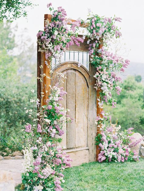 This Bride's Floral Wedding Dress Foreshadowed the Flower- and Butterfly-Filled Reception to Come French Doors Wedding, Flowers And Butterflies Backdrop, Bridgerton Bouquet, Butterfly Garden Wedding, Stained Glass Wedding, Martha Weddings, Garden Venue, Bride Floral, Wedding Inspired