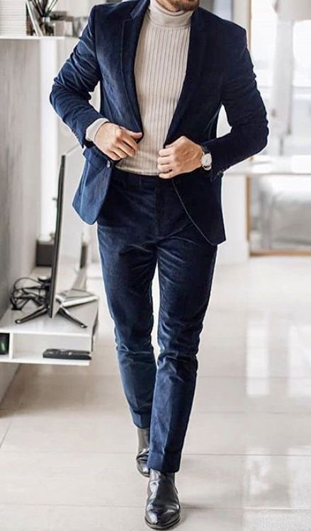 Winter Wedding Dress For Men, Men In Turtlenecks And Suits, Navy Blue Suit With Turtleneck Men, Mens Work Christmas Party Outfit, Christmas Party Suits For Men, Men’s Turtleneck And Blazer, Work Christmas Party Outfit Men, Winter Wedding Outfit Men, Suit With Turtleneck Men