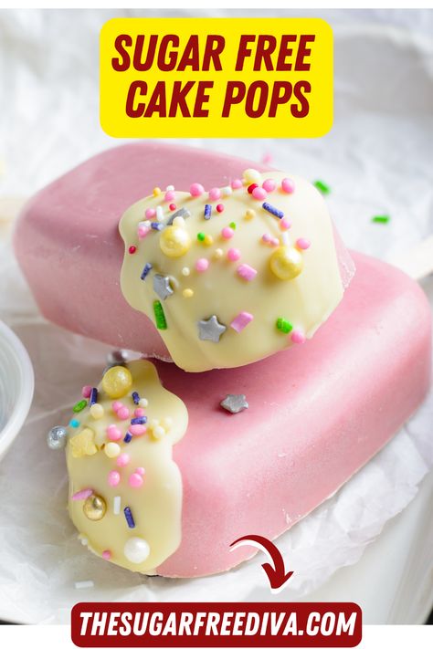 How to Make Sugar Free Cake Pops, a tasty recipe for chocolate Cakesicles that have no added sugar, keto option. Read more at: https://thesugarfreediva.com/how-to-make-sugar-free-cake-pops/ Copyright © https://thesugarfreediva.com Brownie Cake Pops, Low Carb Options, Sugar Free Popsicles, Sweets For Diabetics, Sugar Free White Chocolate, Diet Cake, Lollipop Recipe, Sugar Free Brownies, Sugar Free Treats