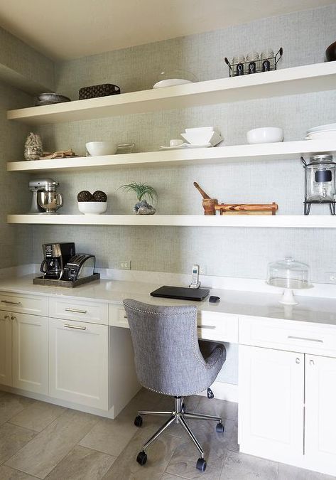 Kitchen Closet with Built In Desk - Traditional - Kitchen Built In Kitchen Desk With Floating Shelves, Stacked Floating Shelves Office, Built In Desk With Floating Shelves, Office Floating Shelves Above Desk, Floating Shelves Over Desk, Shelves Above Desk, Beautiful Kitchen Ideas, White Lacquer Desk, Basement Update