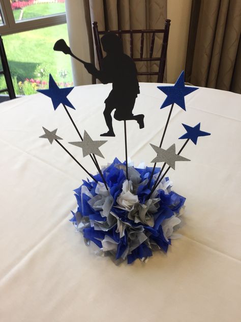 Cross Country Decorations For Banquet, Lacrosse Centerpiece Ideas, Lacrosse Banquet Centerpieces, Track Banquet Centerpieces, Cross Country Decorations, Hockey Banquet Ideas, Sports Banquet Decorations, Track Banquet, Wrestling Banquet