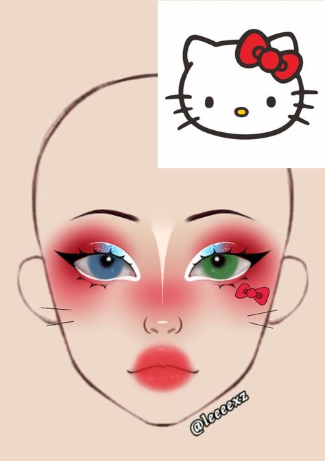 Anime Makeup Drawing, Hello Kitty Makeup Ideas, Hello Kitty Makeup Halloween, Hello Kitty Make Up Looks, Hello Kitty Eye Makeup, Hello Kitty Cosplay Makeup, Hello Kitty Inspired Makeup, Clown Makeup Looks Drawing, Disney Eye Makeup