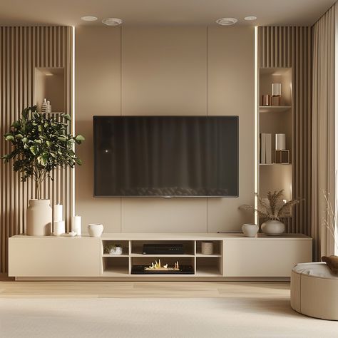 Sitting Room Tv Unit Ideas, Media Wall Beige, Tv Unit Design Modern Bedroom, Contemporary Tv Unit With Storage, Japandi Tv Wall Unit, Luxurious Bedroom Tv Unit, Tv Unit Design Modern Brown, Lcd Wall Design, Tv Unit Bedroom