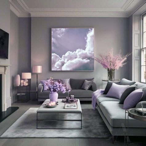 Gray And Pink Living Room Decor, Grey And Lavender Living Room, Light Purple Living Room, Aesthetic Purple Room, Purple And Gray Living Room, Purple And Grey Living Room, Lavender Living Room, Purple Living Room Ideas, Clouds Purple