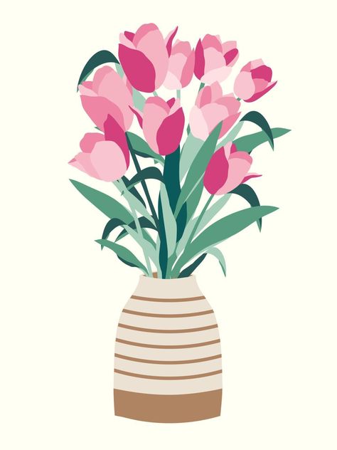 Tulips flowers bouquet in vase illustration A Vase Of Flowers Drawing, Flowers Bouquet Vase, Bunch Of Flowers Illustration, Flower In Vase Illustration, Tulip Illustration Simple, Vase Flower Drawing, Vase With Flowers Drawing, Vase Of Flowers Drawing, Flowers In Vase Drawing