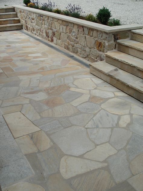 Natural Stone Patio, Stone Pavement, Stone Steps, Exterior Stairs, Flagstone Patio, Outdoor Stone, Front Patio, Patio Makeover, Terrace Design