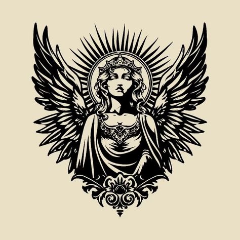 Linocut angel in the grunge style - Angel Tattoo - T-Shirt | TeePublic Traditional Style Angel Tattoo, Random Tattoos For Men, Men Text Tattoo, Womens Sleeves Design Tattoo, Gothic Back Tattoos For Women, Agnostic Tattoo, Grunge Tatoos, Angel Face Tattoo, Grunge Tattoo Designs