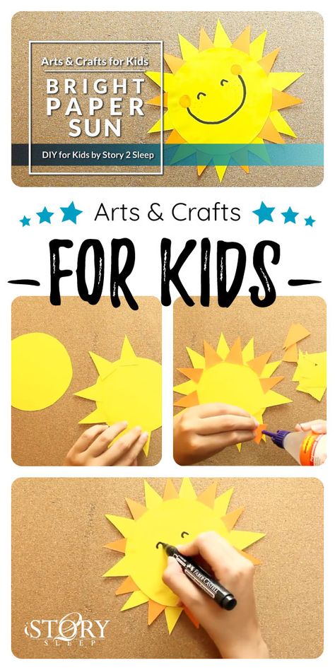 Arts and Crafts for Kids! Bright Paper Sun DIY Activity for Kids by Story 2 Sleep, easy craft activity for children. A quick, fun activity to encourage kids creativity. #artsandcrafts #kids #sun #story2sleep Sun Crafts For Kids, Art And Crafts For Kids, Sun Diy, Sun Activity, Sunshine Crafts, Paper Sun, Sun Paper, Sun Crafts, Summer Arts And Crafts