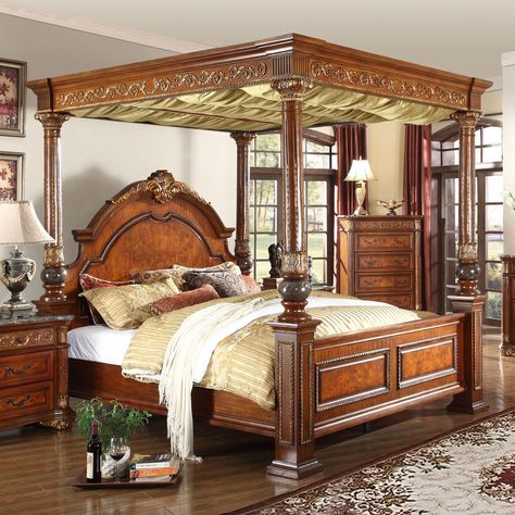 Meridian Royal Canopy Bed Idea Bilik Tidur, Traditional Poster, Canopy Bedroom Sets, Reka Bentuk Bilik Tidur, Traditional Bedroom Furniture, California King Size Bed, Italian Bedroom, Wood Bedroom Sets, Bedroom Traditional