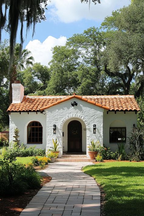 Charming white bungalow with a terracotta roof surrounded by greenery. Modern bungalows combine cozy charm with sleek design, proving that small spaces can deliver big style and functionality. Florida Bungalow Homes, Small Bungalow House Design Modern, Spanish Bungalow Exterior, Pasadena Bungalow, Mediterranean Bungalow, Small Spanish House, California Spanish Bungalow, Small Mediterranean Homes, Small Bungalow House Design