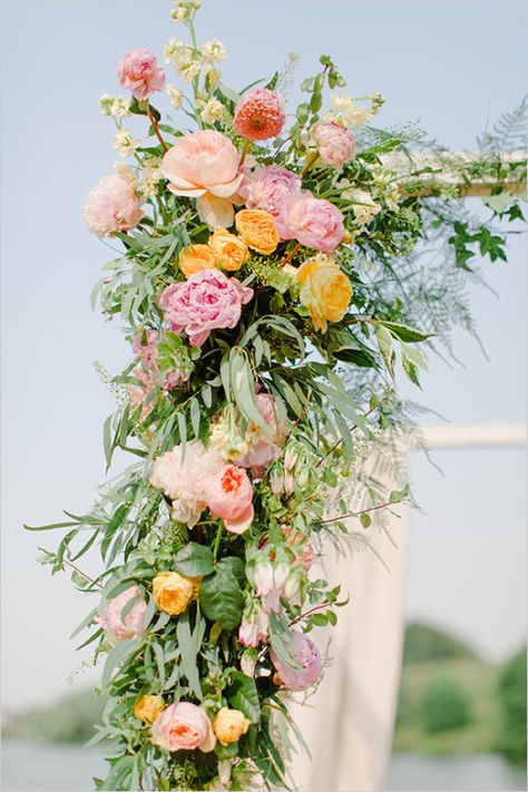 Diy Wedding Arch Flowers, June Wedding Colors, Pink Yellow Weddings, Lemonade Wedding, Boutique Flowers, Backdrops Ideas, Morgan Smith, Flowers Arch, Yellow Wedding Cake