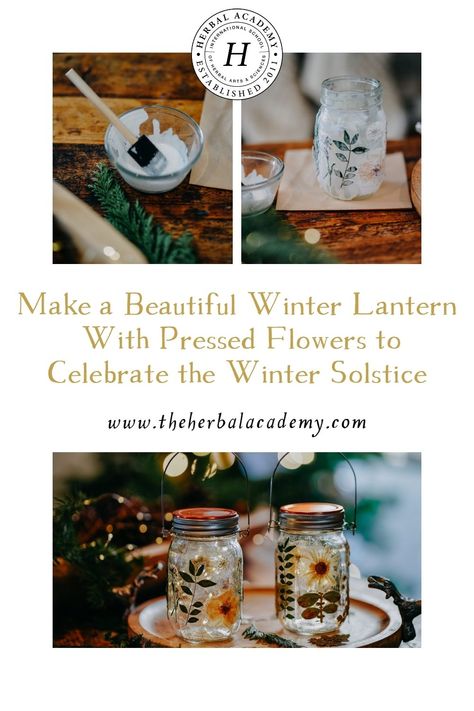 Make a Beautiful Winter Lantern With Pressed Flowers to Celebrate the Winter Solstice | Herbal Academy | Add some beautiful glow and magical ambiance to your winter solstice ritual by creating your very own pressed flower lantern. Solstice Ritual, Winter Solstice Gifts, Winter Solstice Rituals, Winter Lantern, Flower Lantern, Herbal Academy, Toddler Craft, Peppermint Candy Cane, Solar Fairy Lights