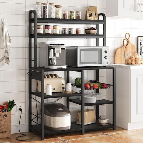 Amazon.com - IDEALHOUSE Bakers Rack with Power Outlet, Coffee Bar with Wire Drawer, Industrial Microwave Stand, Kitchen Buffet Table with Large Storage, 6-Tier Kitchen Storage Rack with Hutch, Rustic Black - Standing Baker's Racks Microwave Table, Kitchen Buffet Table, Apartment Upgrades, Bakers Table, Baker's Rack, Coffee Bar Station, Microwave Stand, Spice Rack Organiser, Kitchen Buffet