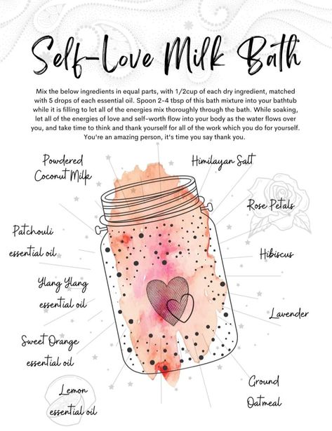 Milk Bath Salts Diy, Witchcraft Bath Rituals, Diy Spiritual Bath Recipes, Self Love Bath Salts, Goddess Bath Recipes, Shower Oil Diy, Ritual Oil Recipes, Self Care Bath Ideas, Diy Bath Products Natural