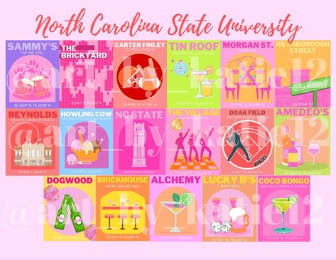 Complete pack of NCSU Preppy Prints set of 17 Includes a variety of iconic Raleigh and NCSU landmarks, restaurants, bars and nightlife Nc State Dorm, New Bern North Carolina, Preppy Prints, Nc State University, Apt Decor, State Room, State Posters, North Carolina State University, New Bern