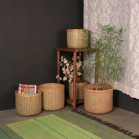 This planter set of 5 planters are designed to add a natural look with greenery to your space . Place it in your balcony or for indoors to add greenery to you home. The planters are made of bamboo. Give your indoor potted plants an elegant view with this natural bamboo planter. Woven by skilled artisans, its unique structure and weave adds a contemporary yet chic look to your space. Ideal for indoor plants, these planters with their natural texture and color adds a touch of rustic charm to your Bamboo Planters, Indoor Potted Plants, Bamboo Planter, Space Place, Natural Look, Natural Texture, Chic Look, Potted Plants, Rustic Charm