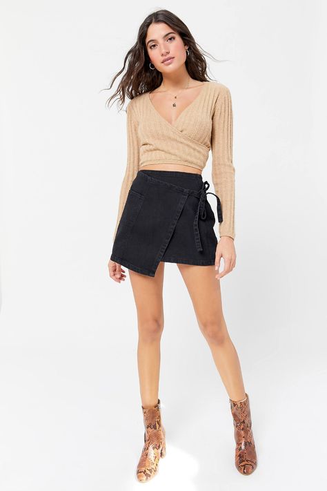 BDG Black Denim Mini Wrap Skirt | Urban Outfitters Jean Skirt Outfits Fall, Skirt Outfits Black Women, Wrap Skirt Outfit, Denim Mini Skirt Outfit, Black Denim Skirt Outfit, Black Denim Midi Skirt, Black Mini Skirt Outfit, Denim Skirt Outfit, Skirt Outfit Fall